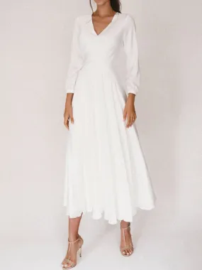 White retro V-neck long sleeve dress