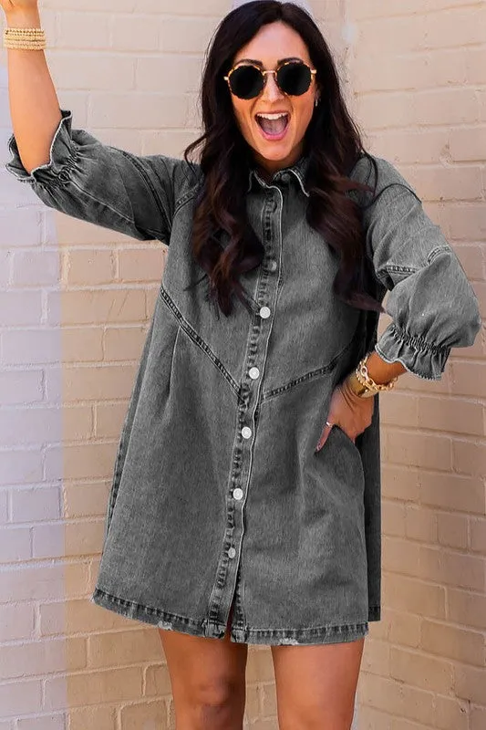 Women Buttoned Long Sleeve Denim Mini Dress